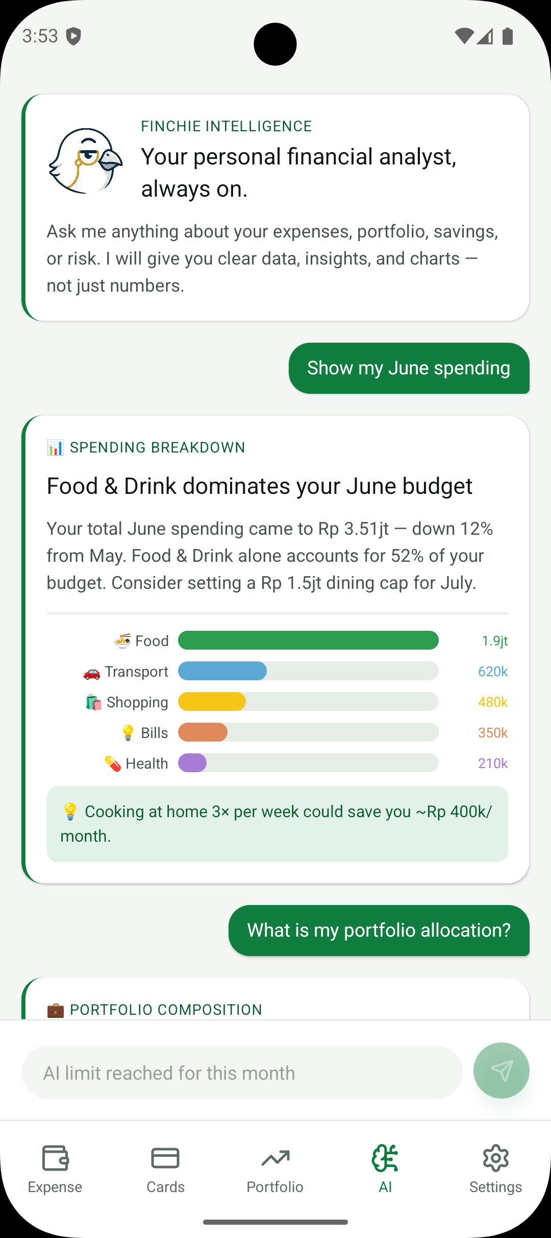 Finchie AI spending breakdown showing June expenses by category with bar chart