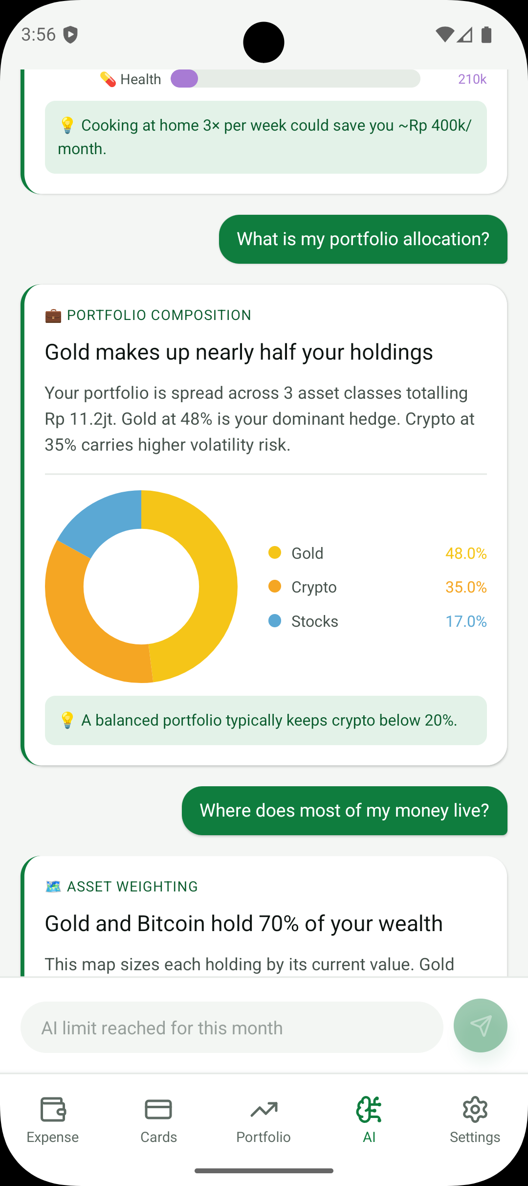 Finchie AI portfolio composition donut chart showing gold 48%, crypto 35%, stocks 17%