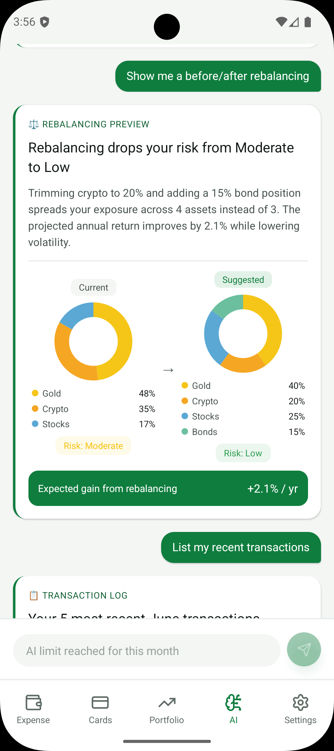Finchie AI rebalancing preview comparing current vs suggested portfolio allocation