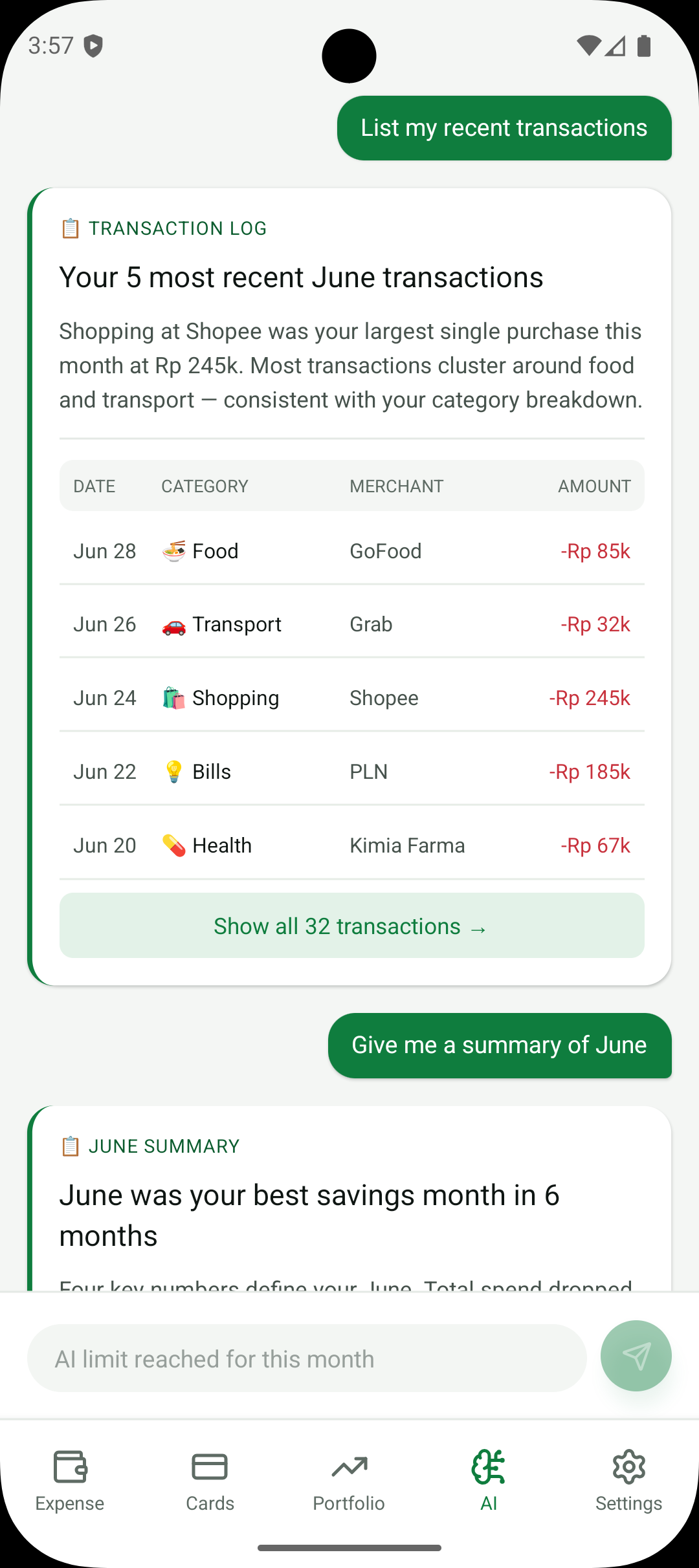 Finchie AI transaction log showing 5 most recent June transactions