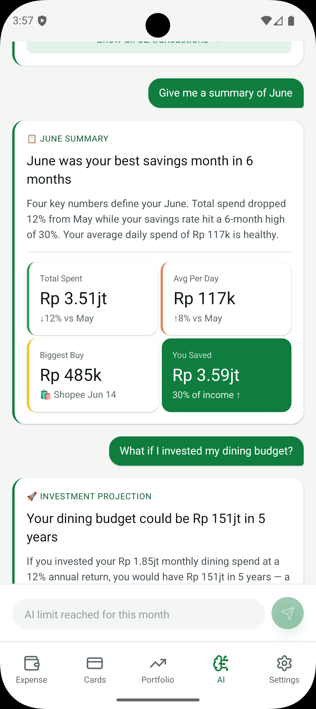 Finchie AI June summary showing total spent, daily average and savings amount