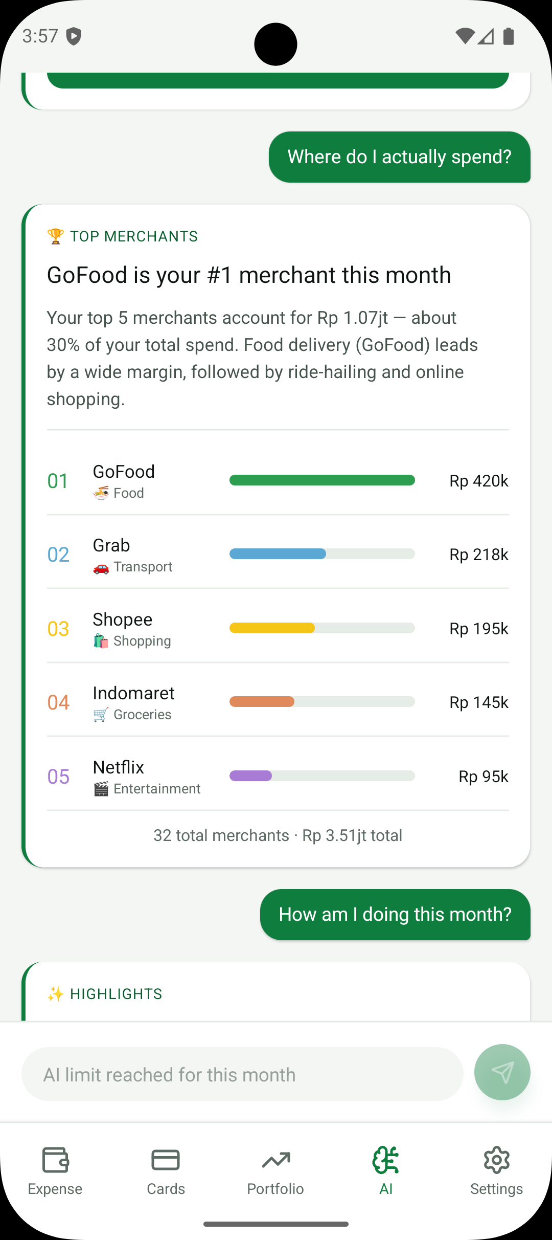 Finchie AI top merchants ranking showing GoFood, Grab and Shopee as top spenders