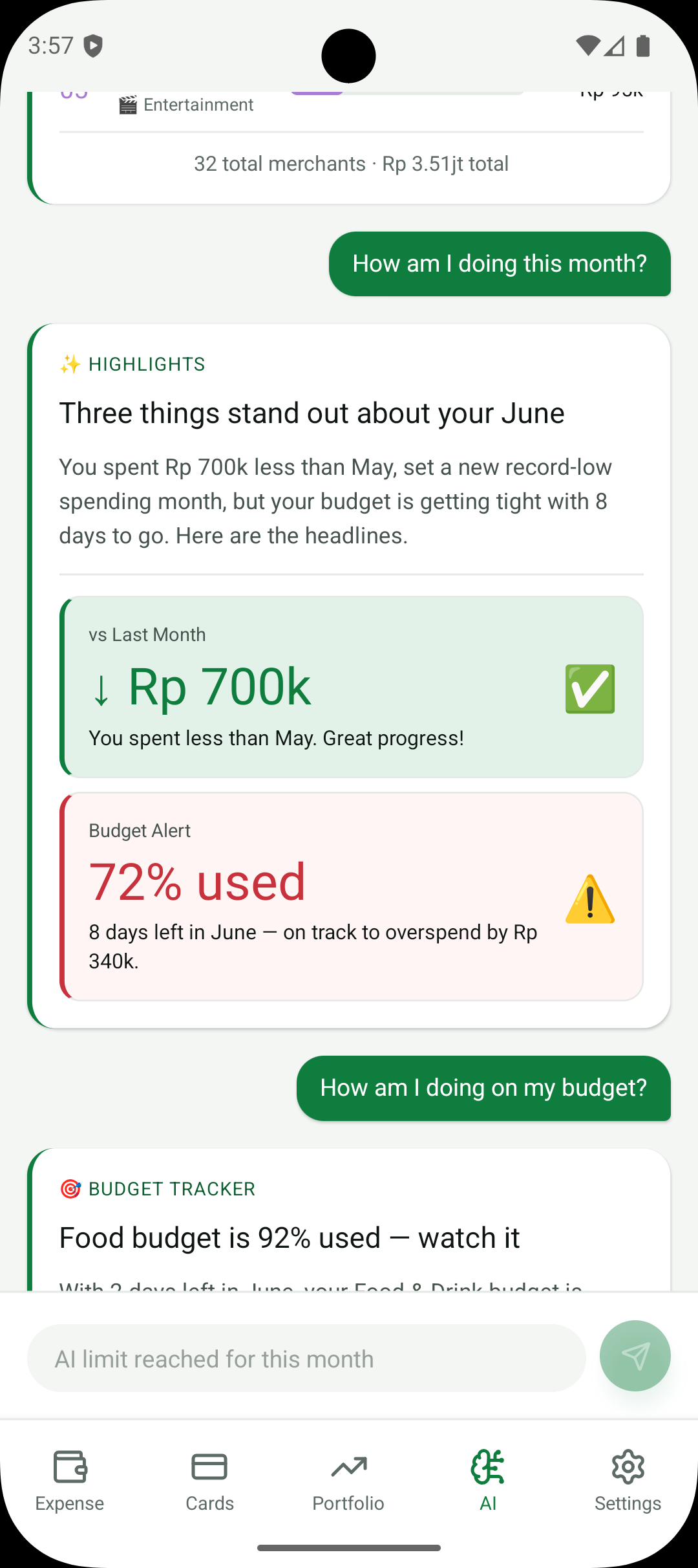 Finchie AI monthly highlights showing Rp 700k saved vs last month and 72% budget alert