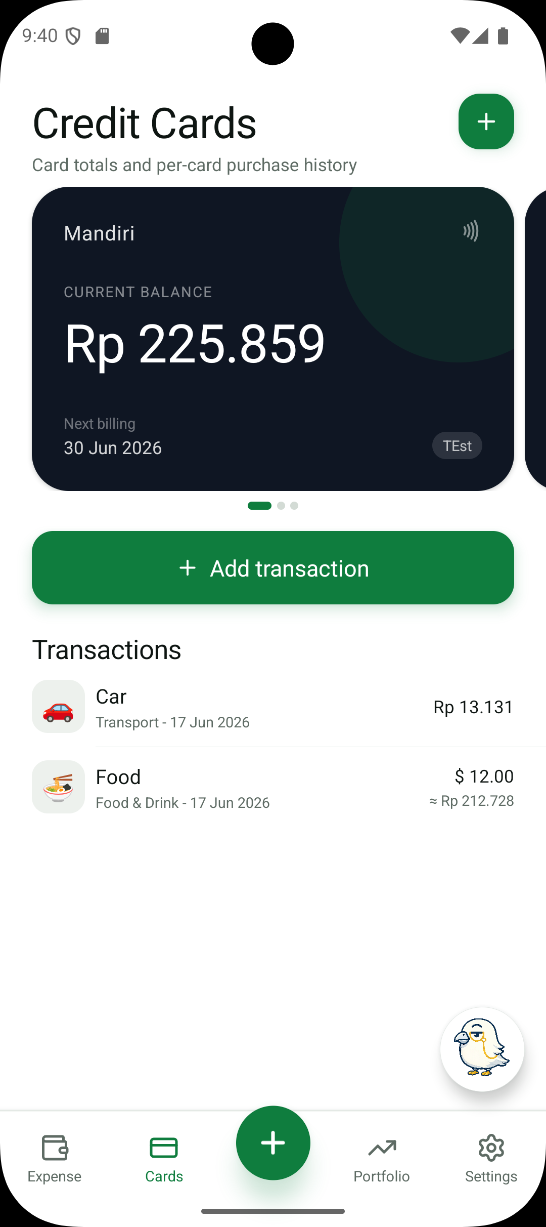 Finchie credit card tracker showing per-bank totals and recent transactions