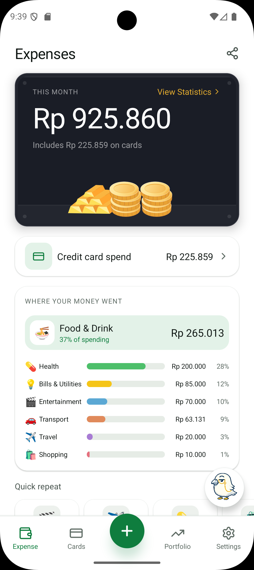 Finchie expense tracker dashboard showing this month's total, Coin Vault, and category breakdown
