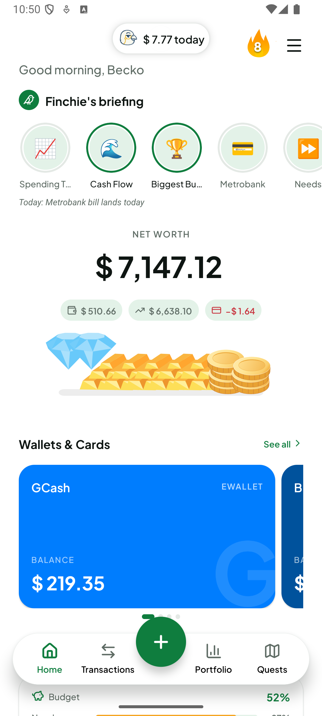 Finchie home dashboard showing net worth, wallets, and today's AI briefing
