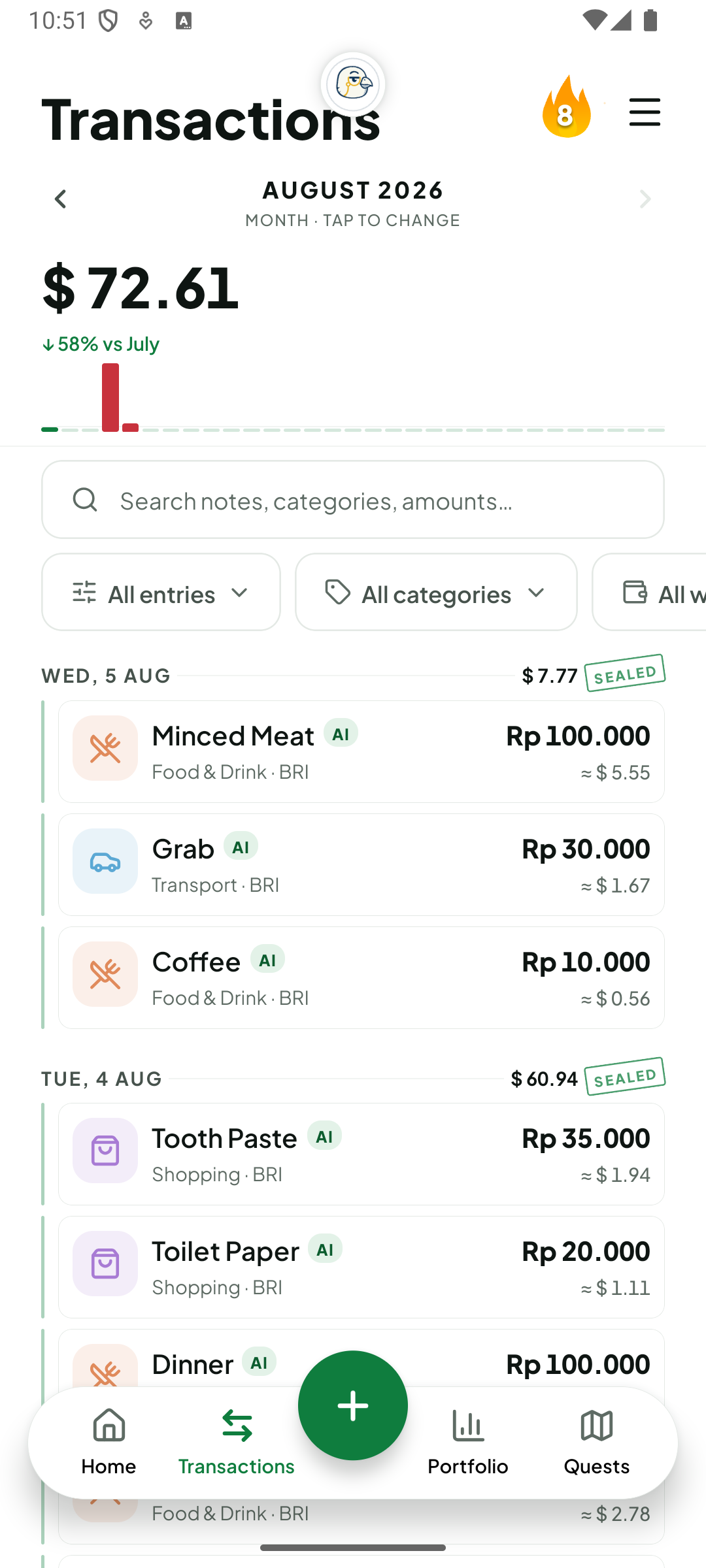 Finchie transactions list showing notes auto-logged as expenses, tagged AI, by date and category
