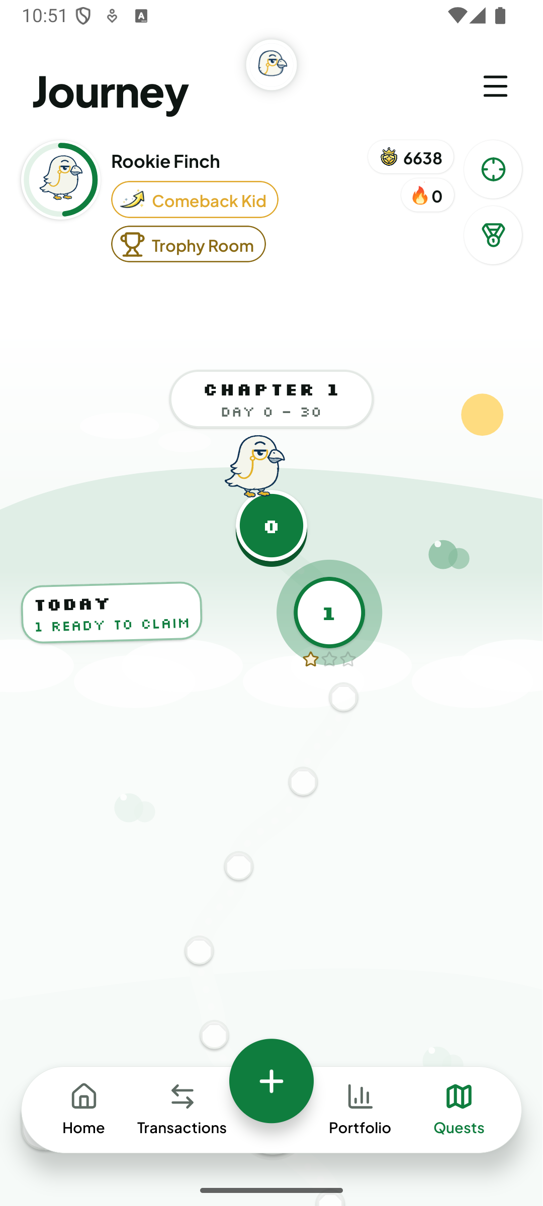 Finchie Journey map showing Chapter 1 progress and a quest ready to claim