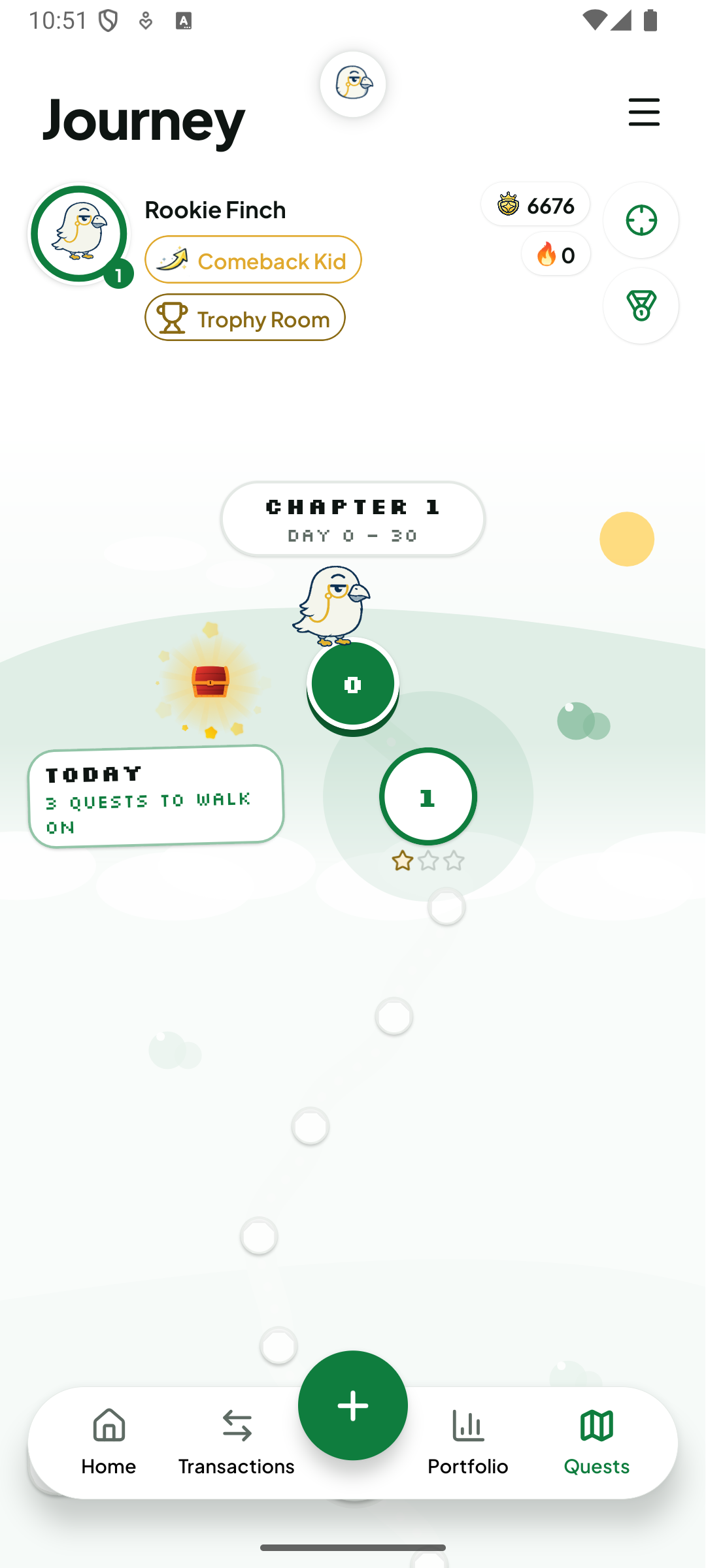 Finchie Journey map showing a treasure chest reward and quests to complete