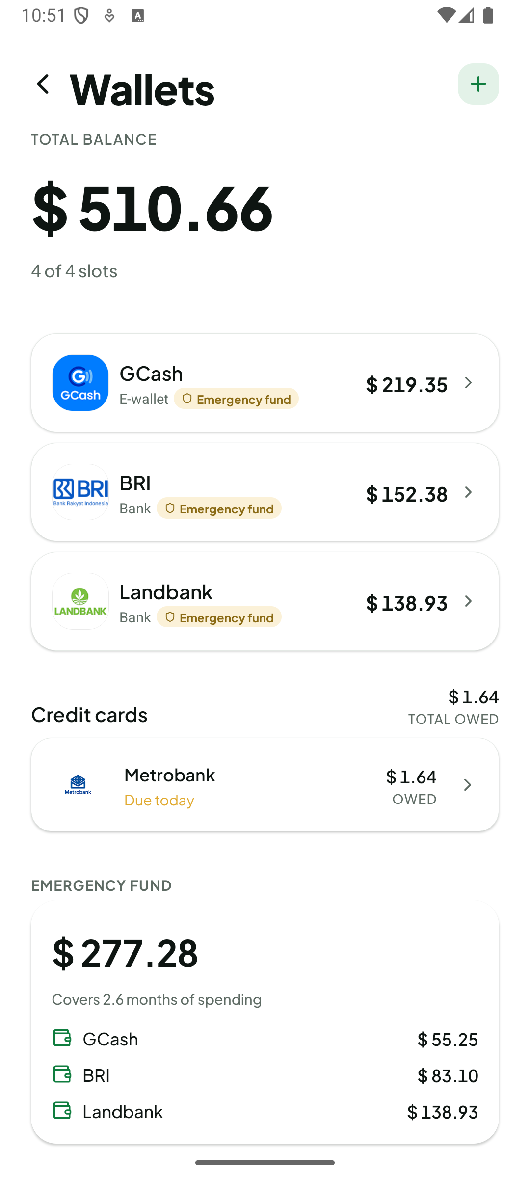 Finchie wallets screen showing e-wallet and bank balances, a credit card owed, and emergency fund coverage