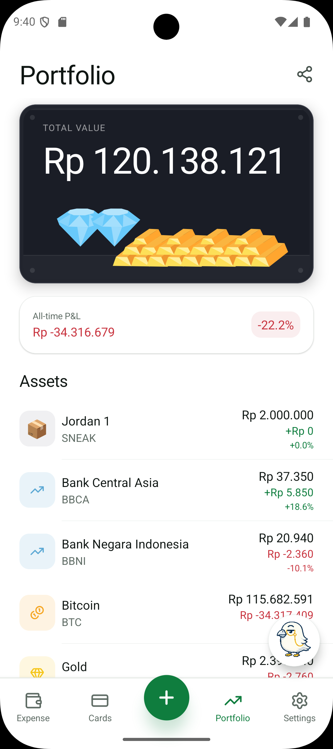 Finchie portfolio tracker showing total value, P&L and individual assets
